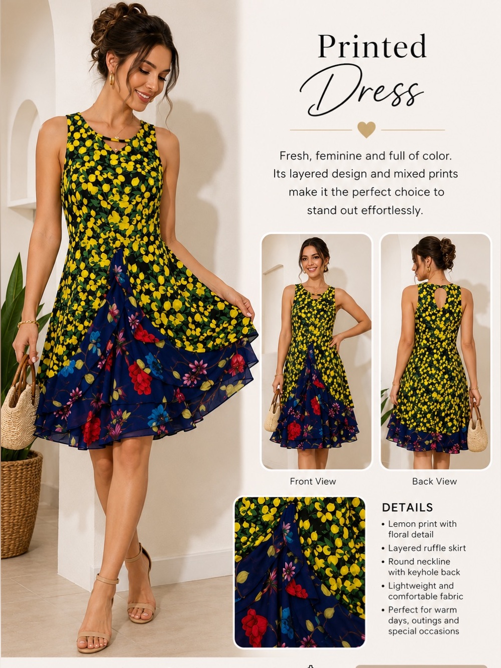 Yellow Lemon Print Ruffle Dress with Floral Skirt
